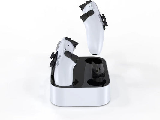White and black dual charging dock for PS5 gamepads, featuring two charging ports and two storage slots. - Image 2