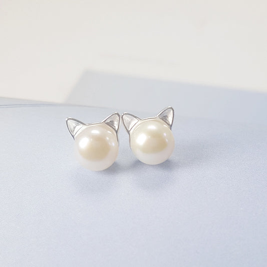 Aretes de Plata 925 con Perlas de Agua Dulce y Diseño de Orejas de Gato - Image 2