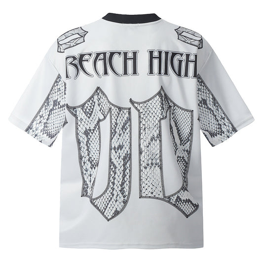White mesh jersey t-shirt with a V-neck and short drop-shoulder sleeves, featuring a black and white snake scale design. - Image 2