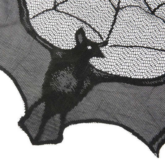 Black lace Halloween curtain with a spider web pattern and a hanging bat figure, perfect for spooky decor. - Image 2