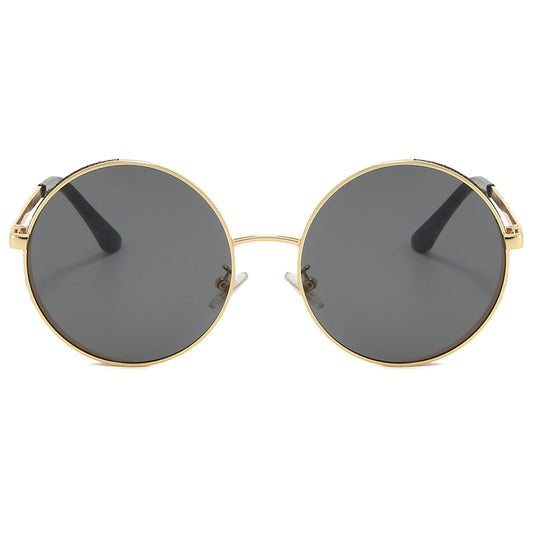 Round gold metal frame sunglasses with brown lenses and glitter detail on the outer rim, featuring dark red temple tips. - Image 2