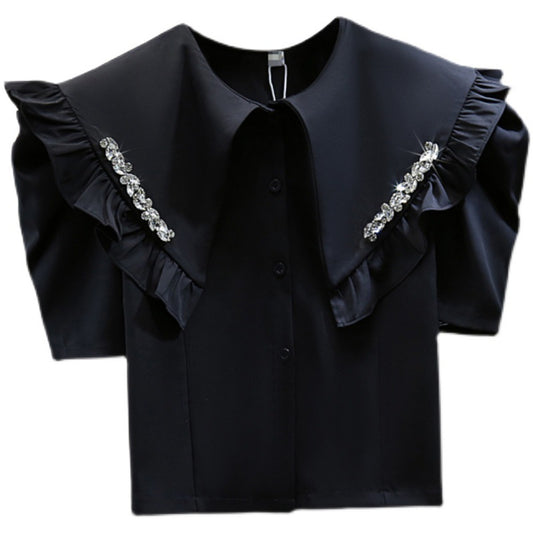 Blusa Corta Cuello Muñeca con Mangas Abullonadas Diamante y Cintura Alta - Image 2