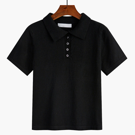 Suéter Tejido Tipo Polo Suelto de Manga Corta para Primavera y Otoño - Image 2