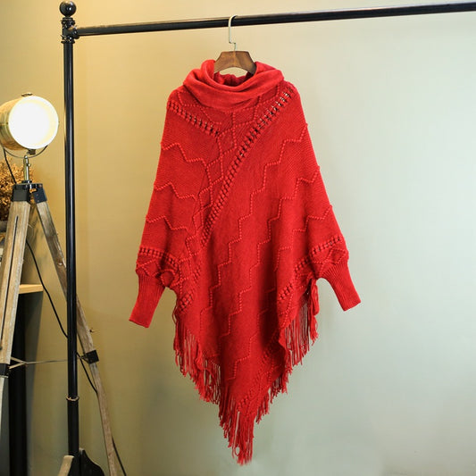 Poncho Tejido Cuello Alto con Flecos - Abrigo Cálido para Otoño e Invierno - Image 2