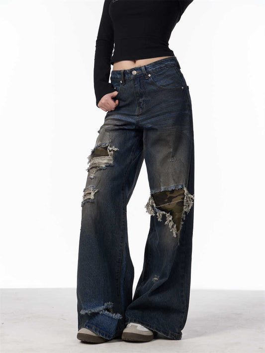 Pantalones Vaqueros Rotos Camuflaje Mujer Cintura Alta Pierna Recta Oversize - Image 2