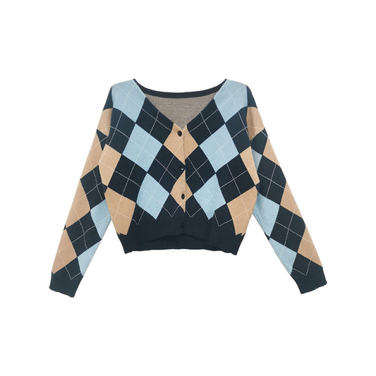 Cardigan Tejido Cuadros Diamante Retro para Mujer - Abrigo Suéter Manga Larga - Image 2