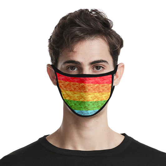 Rainbow camouflage face mask with horizontal stripes of red, orange, yellow, green, and blue, bordered by black fabric. - Image 2