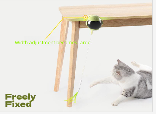 Automatic lifting cat toy with a yellow ball and white clamp, featuring interchangeable feather and pom-pom attachments. - Image 2