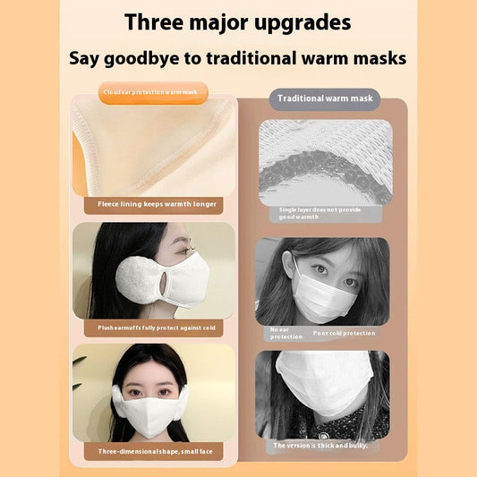 Pink ear-mounted warm mask with plush off-white ear protection, made from cotton for winter and autumn. - Image 2