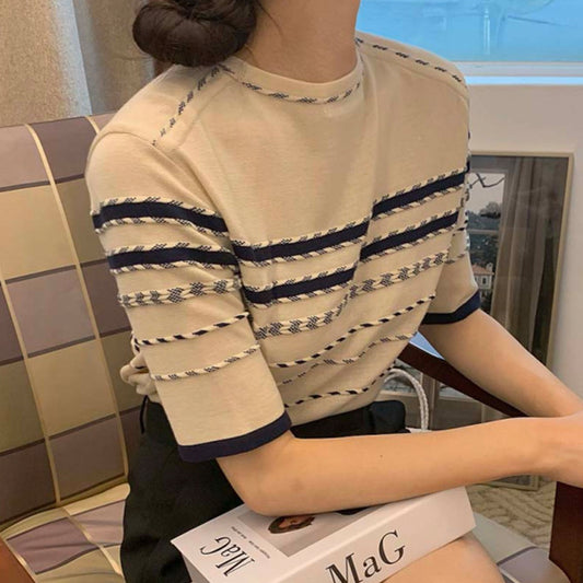 Blusa Casual de Verano con Rayas Tridimensionales y Contraste de Colores - Image 2