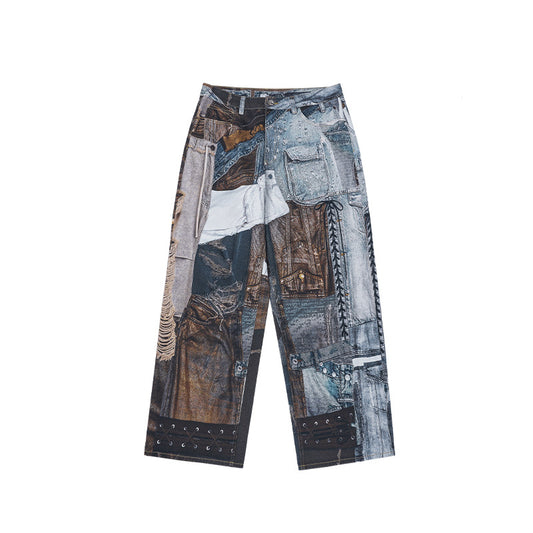 Jeans Vintage con Estampado Digital y Parches Estilo Urbano Americano - Image 5