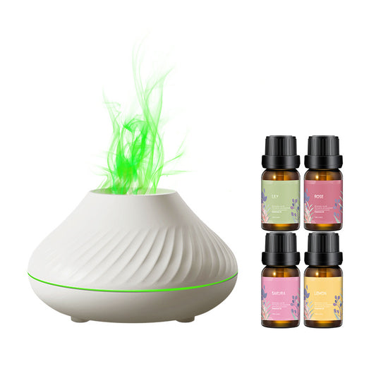 Black flame aromatherapy diffuser with purple mist and four essential oil bottles: Lily, Rose, Sakura, and Lemon. - Image 2