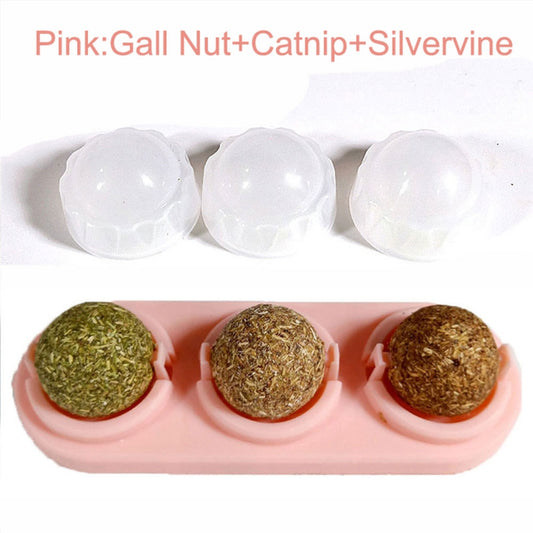 Two self-adhesive rotated catnip lick balls, each in a light blue holder, for cat entertainment. - Image 2