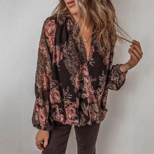 Blusa Floral de Chifón con Escote en V y Mangas Largas para Mujer - Image 2