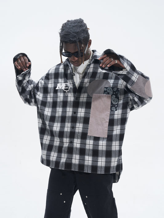 Camisa Suelta Hip Hop con Parches de Cuadros y Manga Larga - Image 2
