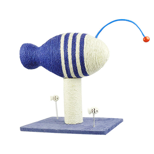 Blue and white striped fish-shaped sisal cat scratching post with a purple base, next to a black and white cat. - Image 2