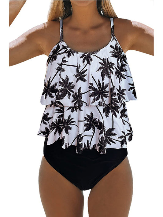 Black two-piece bikini swimsuit with a ruffled tankini top and high-waisted ruched bottoms. - Image 2