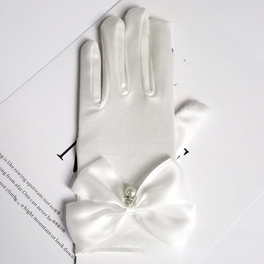 Guantes de Satén para Novia con Moño y Perlas Colgantes Estilo Princesa - Image 2