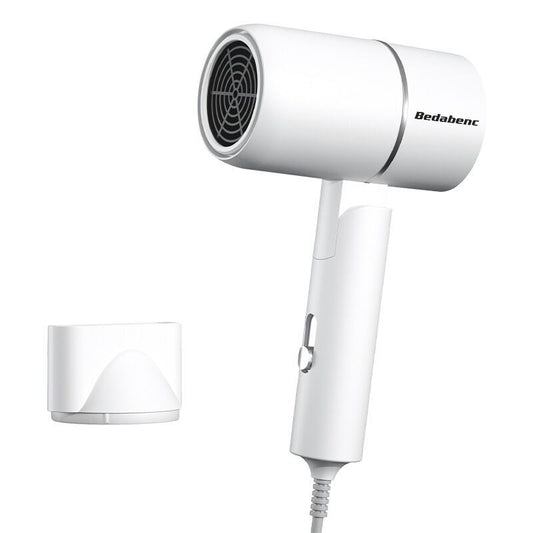 White portable folding hair dryer with rose gold accents and a nozzle attachment, shown with its base. - Image 2