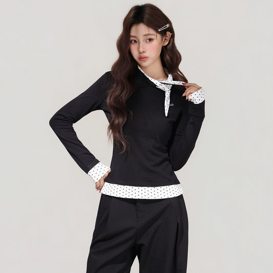 Blusa Negra con Lunares y Moño - Efecto Dos Piezas, Manga Larga - Image 2