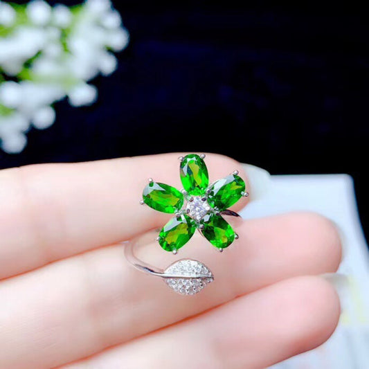 Anillo de Plata con Diopside Natural, Diseño Floral Ajustable para Mujer - Image 2