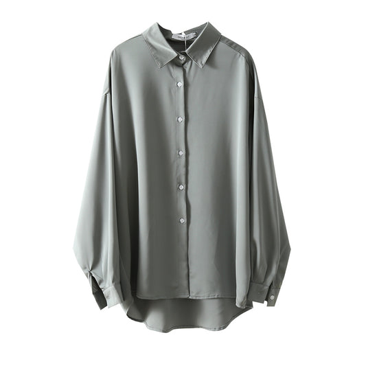 Blusa Suelta de Manga Larga Color Sólido con Drapeado Elegante - Image 2