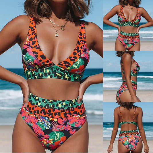 Women's high-waisted bikini with a vibrant floral and leopard print in blue, orange, and green, at the beach. - Image 2