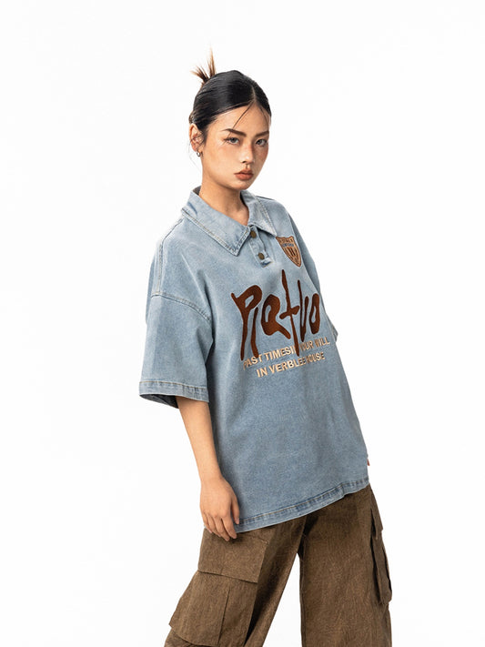 Camisa Denim Bordada Manga Corta Retro Oversize Neutral - Image 2