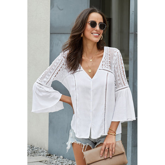 Blusa Mujer Capucha Cuello V Hueco Manga Acampanada Encaje - Image 2
