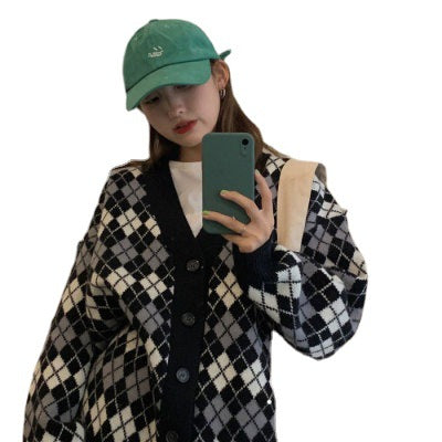 Chaqueta Suéter Holgada con Cuadros Contrastantes - Image 2