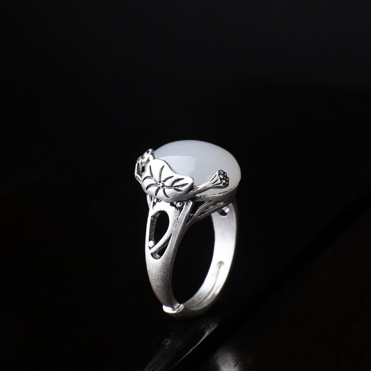 Anillo de Plata S990 con Jade Blanco Hetian Natural, Diseño Étnico Retro de Flor de Loto - Image 2