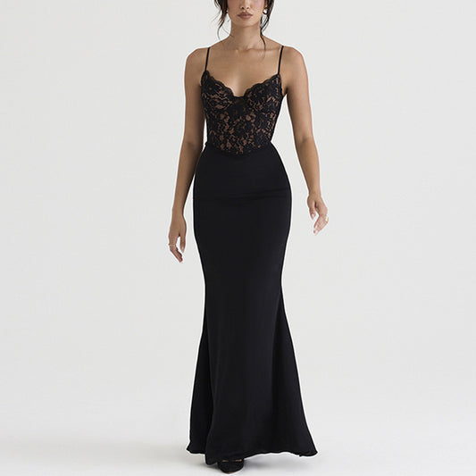 Vestido Largo de Encaje Cintura Alta Escote Profundo con Falda Sirena - Image 2