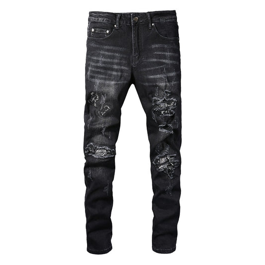 Jeans Rotos para Hombre con Parche Estampado de Flor de Marañón Negro - Image 2