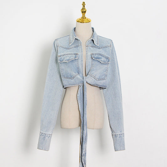 Chaqueta Denim Cropped con Amarre en el Pecho - Image 2