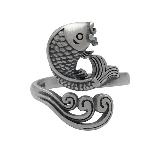 Anillo de Dedo Índice con Diseño de Ondas de Agua y Carpa - Image 2