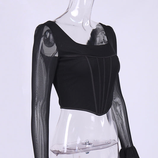 Blusa Crop Top Cuello Cuadrado con Mangas Acampanadas y Malla Efecto Espina de Pescado - Image 2