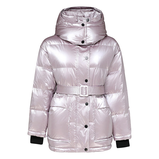 Abrigo Parka Mujer Plumas de Pato Blanco Cintura Ajustable Brillo Plateado - Image 2