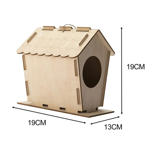 Unfinished wooden birdhouse with a scalloped roof, circular entrance, and hanging loop, ready for DIY decoration. - Image 2