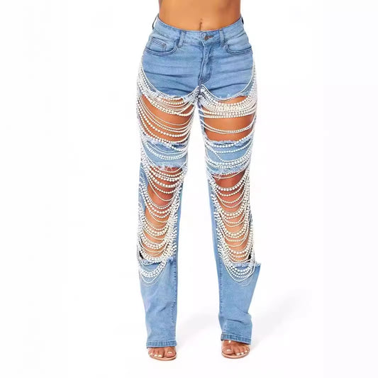 Pantalones Rectos con Adornos de Cadena de Cuentas - Image 2
