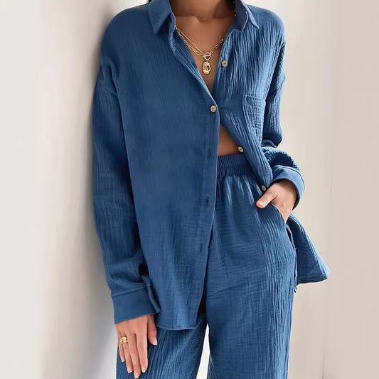 Conjunto Casual de Camisa Manga Larga Elástica y Pantalón Ancho - Image 3