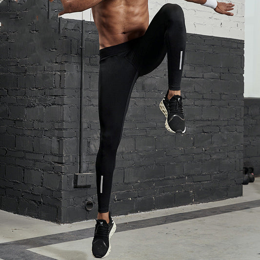 Black men's fitness pants with a tight fit, elastic waistband, and reflective strips on the lower legs. - Image 2