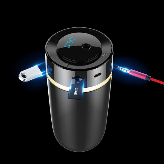 Black and gold car air purifier and humidifier with Bluetooth music, digital display, and USB port. - Image 2