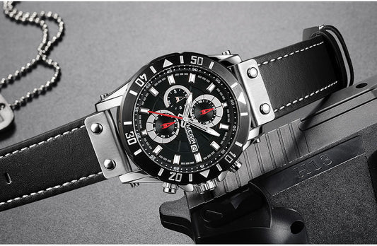 Reloj de Cuarzo para Hombre con Cronógrafo de Tres Ojos y Correa de Cuero - Image 2
