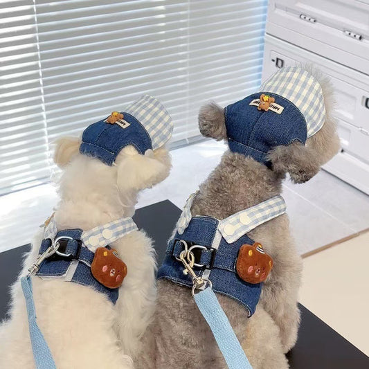 Denim and blue gingham pet harness with mesh back and a matching hat, both featuring cute bear and star patches. - Image 2