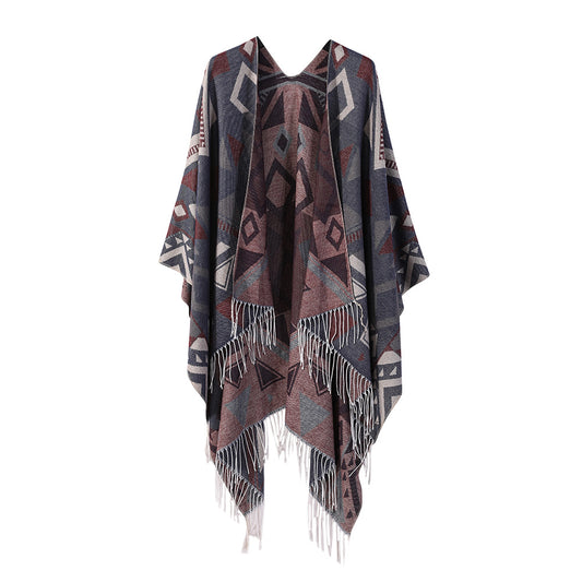 Poncho Chal Geométrico de Cachemira Gruesa con Borlas Versátil - Image 2