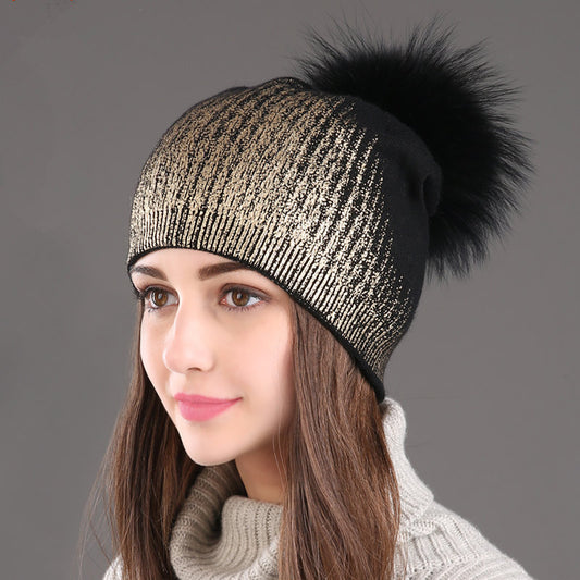 Gorro Tejido de Lana Cálido para Mujer - Dorado y Plateado - Image 2