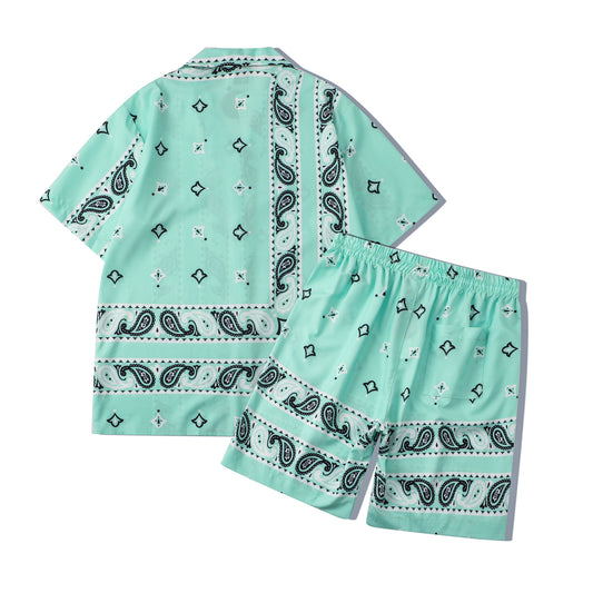 Conjunto Casual Hombre Camisa y Shorts Estampado Flor de Marañón Verde - Image 2
