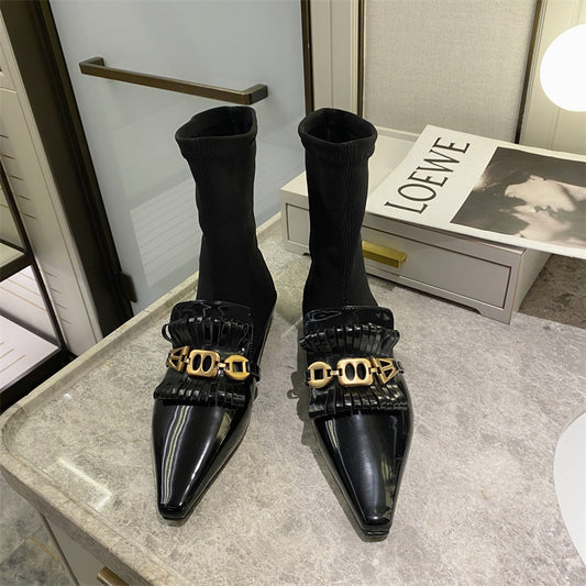 Botas Martin de Cuero Charol con Calcetines de Lana - Botines Planos Elegantes - Image 2