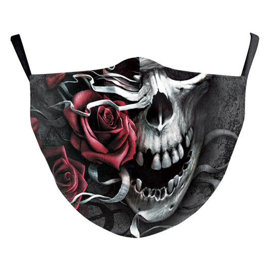Digital printing dust mask with a funny ghost face and clown design, featuring a sugar skull pattern in red, yellow, and brown. - Image 2