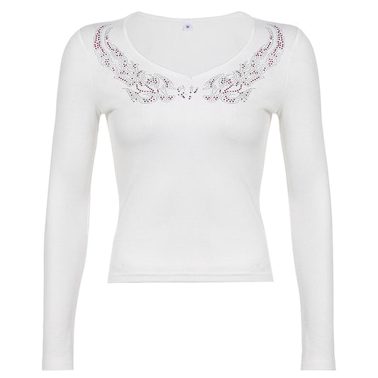 Blusa Ajustada Estampada con Pedrería Hot-Stamping Cuello en V Manga Larga para Mujer - Image 2